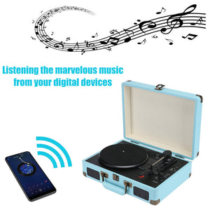 Blue Retro Vinyl Record Player | Briefcase Turntable | 3 Speed | Stereo Christmas Gift