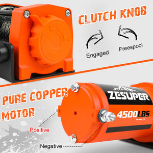 ZESUPER 12V Electric Winch | 4500lb Synthetic Rope | Boat Winch | ATV Winch | Trailer Winch | 4WD