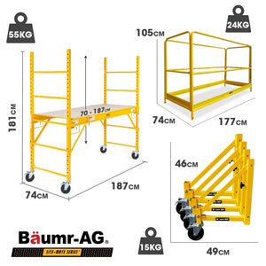 Baumr-AG Adjustable Mobile Scaffold Platform | 1.9 x 0.8 x 1.8m | Guard Rail | Outrigger Wheel Set | Trapdoor Hatch