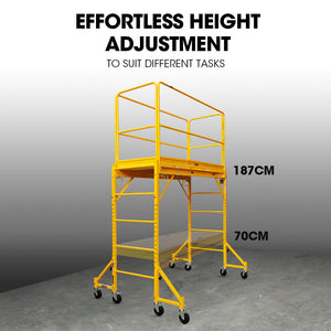 Baumr-AG Adjustable Mobile Scaffold Platform | 1.9 x 0.8 x 1.8m | Guard Rail | Outrigger Wheel Set | Trapdoor Hatch