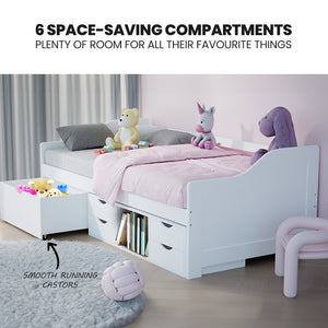 Kingston Slumber Wooden Single Sofa Bed Frame | Built-in Storage Drawers | White