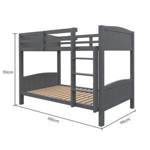 KINGSTON SLUMBER Single Bunk Bed Frame | Solid Pine | 2-in-1 Convertible to Two Single Beds | Grey