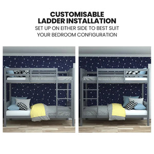 KINGSTON SLUMBER Single Bunk Bed Frame | Solid Pine | 2-in-1 Convertible to Two Single Beds | Grey