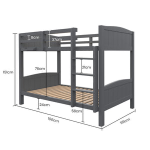 KINGSTON SLUMBER Single Bunk Bed Frame | Solid Pine | 2-in-1 Convertible to Two Single Beds | Grey