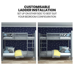 KINGSTON SLUMBER Single Bunk Bed Frame | Solid Pine | 2-in-1 Convertible to Two Single Beds | Grey