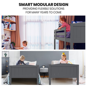 KINGSTON SLUMBER Single Bunk Bed Frame | Solid Pine | 2-in-1 Convertible to Two Single Beds | Grey
