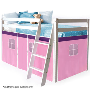Kingston Slumber Kids Single Loft Bed Frame | Play Area Underneath | Interchangeable Pink & Blue Curtains