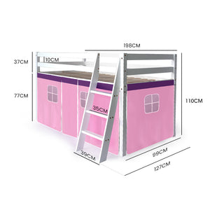 Kingston Slumber Kids Single Loft Bed Frame | Play Area Underneath | Interchangeable Pink & Blue Curtains