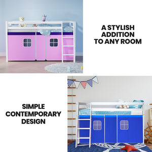Kingston Slumber Kids Single Loft Bed Frame | Play Area Underneath | Interchangeable Pink & Blue Curtains