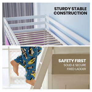Kingston Slumber Kids Single Loft Bed Frame | Play Area Underneath | Interchangeable Pink & Blue Curtains