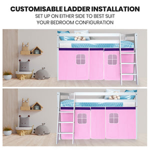 Kingston Slumber Kids Single Loft Bed Frame | Play Area Underneath | Interchangeable Pink & Blue Curtains