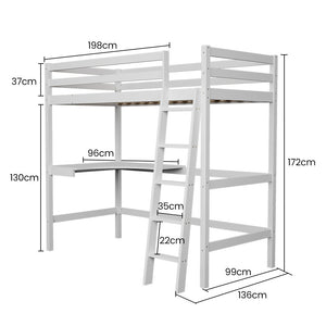 KINGSTON SLUMBER Wooden Kids Single Loft Bed Frame | Built-in Desk | White