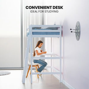 KINGSTON SLUMBER Wooden Kids Single Loft Bed Frame | Built-in Desk | White