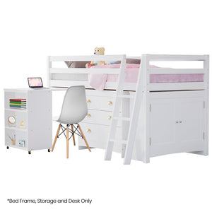 KINGSTON SLUMBER Kids Single Loft Bed Frame | Pull-Out Desk, Storage Drawers & Cabinet | White