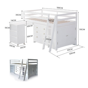 KINGSTON SLUMBER Kids Single Loft Bed Frame | Pull-Out Desk, Storage Drawers & Cabinet | White