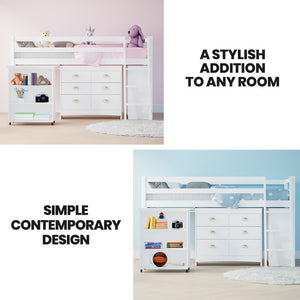 KINGSTON SLUMBER Kids Single Loft Bed Frame | Pull-Out Desk, Storage Drawers & Cabinet | White