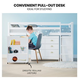 KINGSTON SLUMBER Kids Single Loft Bed Frame | Pull-Out Desk, Storage Drawers & Cabinet | White