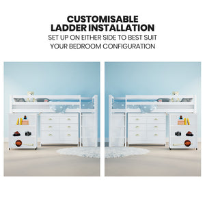 KINGSTON SLUMBER Kids Single Loft Bed Frame | Pull-Out Desk, Storage Drawers & Cabinet | White