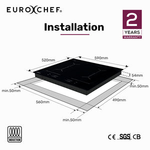EUROCHEF Induction Cooktop | 60cm | 4 Zone | 7200W | Dual Link Bridged Zone | Touch Controls
