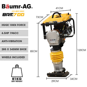 Baumr-AG 77KG Tamping Rammer | 10kN 6.5HP | Transport Wheel Kit | Compactor for Soil, Sand, Gravel & Asphalt | BRM-700