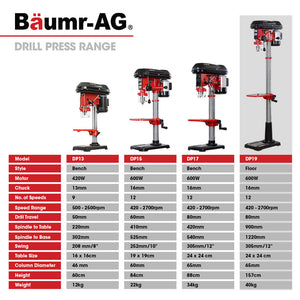 Baumr-AG | Floor Drill Press | 600W | 12” Pedestal | 16 Speeds | 16mm Chuck | DP19