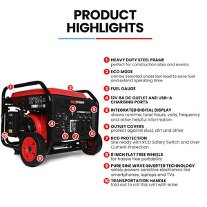 GENPOWER 6kW Peak 5kW Open Frame Inverter Generator | 3x15A | 15L Tank | Wheels