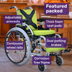 EQUIPMED Kids Premium Paediatric Wheelchair | Lightweight Aluminium, 22" Wheels, 75kg Rated, Green