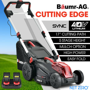 Baumr-AG 520CX 40V SYNC 17" Cordless Lawn Mower Kit | Fast Charger | 2 x 4Ah Batteries | 5 Cutting Heights | Adjustable Handle | Mulching Option