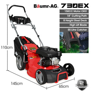 Baumr-AG | Lawn Mower | 18” | 150cc | 8 Heights | Steel Deck | Cup Holders | 4-Stroke Petrol | 730EX