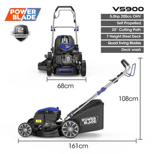 PowerBlade Lawn Mower | 20" | 200cc | Self-Propelled | 7 Heights | Steel Deck | OHV 4-Stroke Petrol | VS900