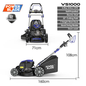 PowerBlade VS1000 22" Self-Propelled Lawn Mower | 224cc | Electric Start | 7-Stage Height | Steel Deck | OHV 4-Stroke Petrol