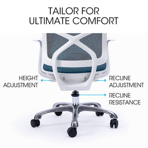 FORTIA Ergonomic Office Chair | Coolmesh Fabric | Adjustable Recline | Blue Mesh/White Frame