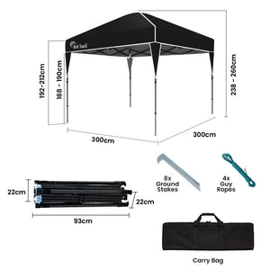 RED TRACK | 3x3m Ultra Compact Folding Gazebo | Carry Bag | Portable Outdoor Popup Marquee | Camping & Beach | Black