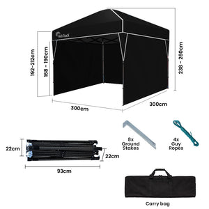 RED TRACK | 3x3m Ultra Compact Folding Gazebo | Walls & Carry Bag | Portable Outdoor Popup Marquee | Camping & Beach | Black