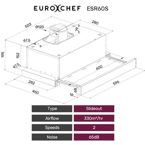EUROCHEF Slideout Rangehood | 60cm | Stainless Steel | 2-Speed | Halogen Lights | ESR60S