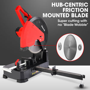 Baumr-AG 2400W Metal Cut Off Cold Saw | 355mm (14") Blade | Low Spark Ceramic Alloy | Soft Start | 45° Mitre Chop Cutting | Measurement Scale