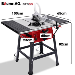 BAUMR-AG 2000W Compound Table Saw | 255mm (10") Blade | Expandable Worktop | 45° Bevel & Mitre Cuts | Stand & Vacuum Port