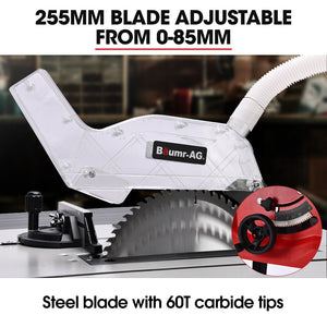 BAUMR-AG 2000W Compound Table Saw | 255mm (10") Blade | Expandable Worktop | 45° Bevel & Mitre Cuts | Stand & Vacuum Port