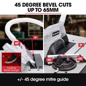 BAUMR-AG 2000W Compound Table Saw | 255mm (10") Blade | Expandable Worktop | 45° Bevel & Mitre Cuts | Stand & Vacuum Port