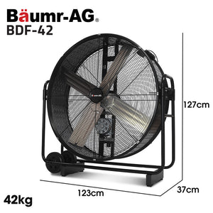 BAUMR-AG Industrial Mobile Floor Drum Fan | 42" 1067mm | 660W | Belt Drive | Tilting | Heavy-Duty | EESS Certified