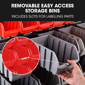 Baumr-AG | Storage Bin Rack | 94 Parts | Mobile Double-Sided Organizer | Red