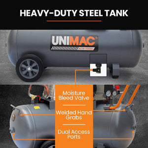 UNIMAC 100L Industrial Air Compressor | 2.6kW | 370L/min | 116PSI | Brushless Motor | Certified Tank | 15A Plug