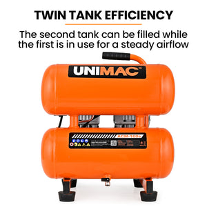 UNIMAC 16L Twin Tank Air Compressor | 116PSI | Portable Silent Oil-Free Electric | Air Tools & Tyre Inflation