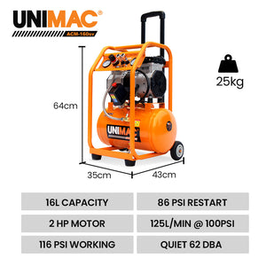 UNIMAC 16L Silent Oil-Free Electric Air Compressor | 116PSI | Portable | Wheels & Handle | Twin Nitto Outlets | Air Tools & Tyre Inflation