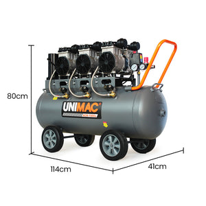 UNIMAC 100L Silent Oil-Free Air Compressor | 4.5HP | Twin Nitto Outlets | 15A Plug