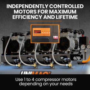 UNIMAC 150L Ultra-Silent Oil-Free Air Compressor | 4.5HP | Long Life Quad Motor | 116PSI | Twin Nitto Outlets | 15A Plug