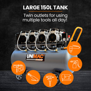 UNIMAC 150L Ultra-Silent Oil-Free Air Compressor | 4.5HP | Long Life Quad Motor | 116PSI | Twin Nitto Outlets | 15A Plug