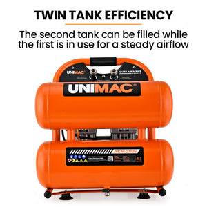 UNIMAC 20L Twin Tank Air Compressor | 116PSI | Portable Silent Oil-Free Electric | Air Tools & Tyre Inflation