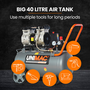 UNIMAC Silent Oil-Free Air Compressor | 40L | 2.0HP Portable | Twin Nitto Outlets