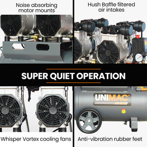 UNIMAC Silent Oil-Free Air Compressor | 50L | 3.0HP Portable | Twin Nitto Outlets